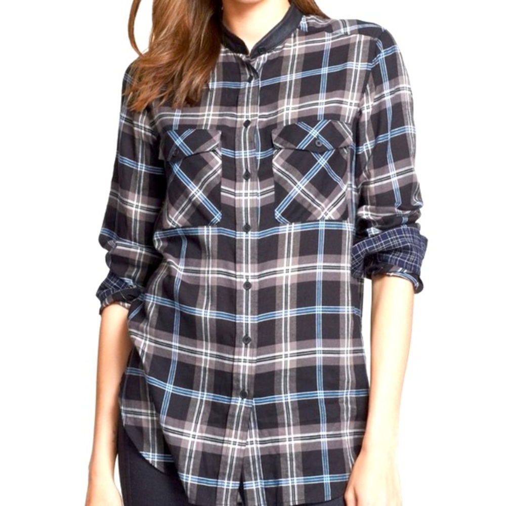 Vince Plaid Shirt with Leather Collar